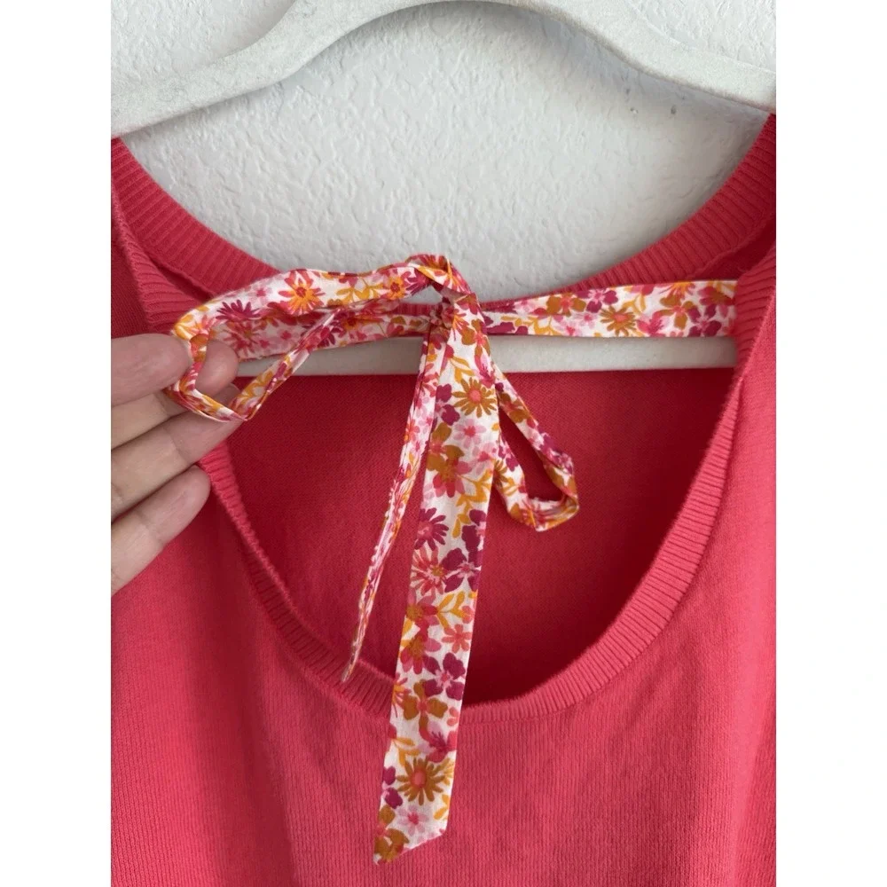 J.Crew Women's Size Large Orange‎ Pink Back Floral Bow Tie Short Puff Sleeve Top